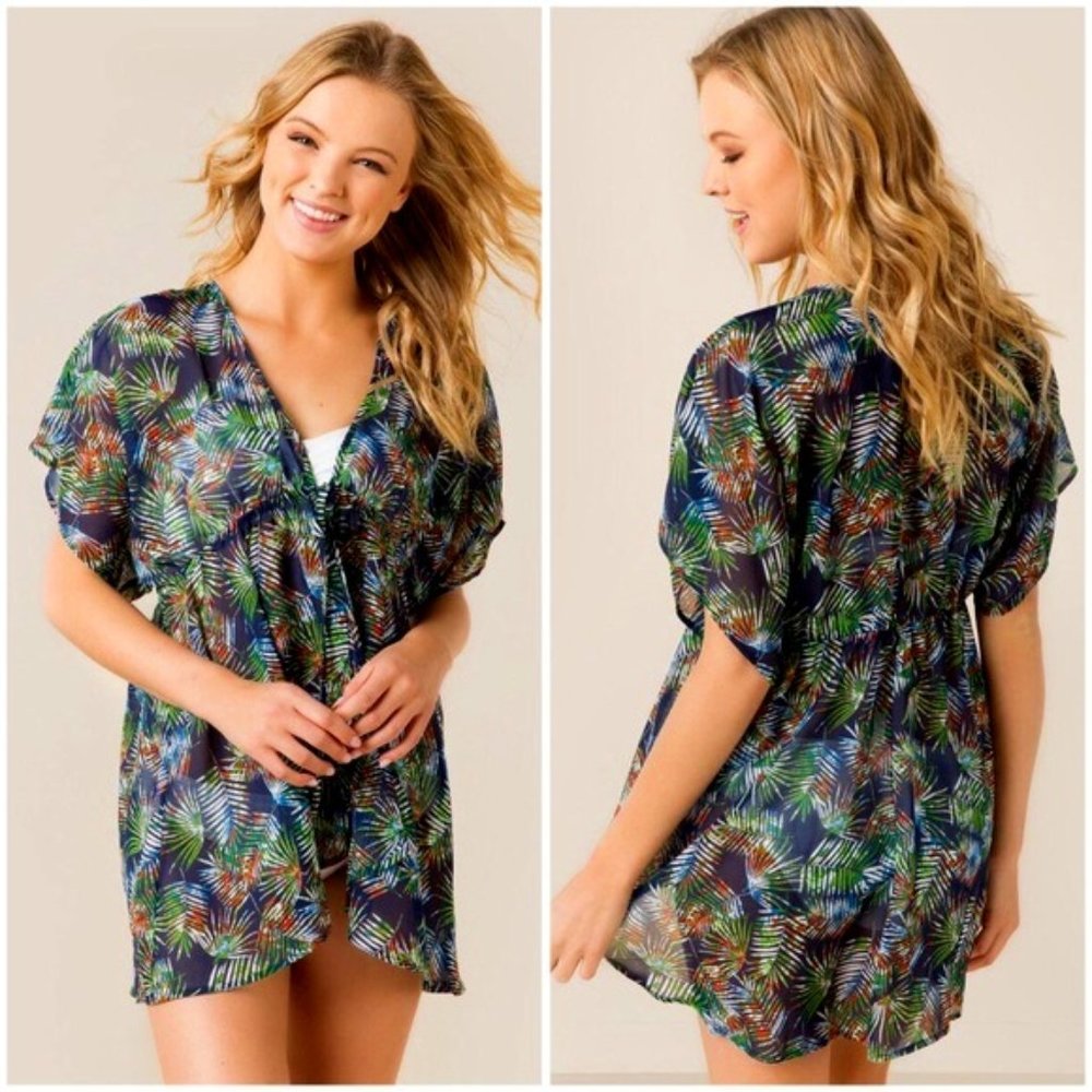 SWIM Maui Palms Kimono Tie-Front Swim Cover-Up Francesca's | Swimsuit Be… - Picture 2 of 6